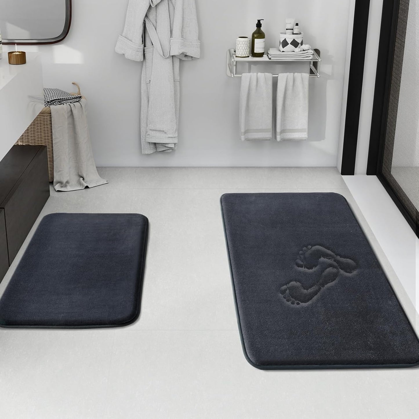 HUXMEYSON Bathroom Rugs Sets 2 Piece, Non-Slip & Quick Dry Bath Mat Set, Ultra Soft Velvet Bath Rugs for Bathroom, Toilet and Shower Floor, Dark Grey