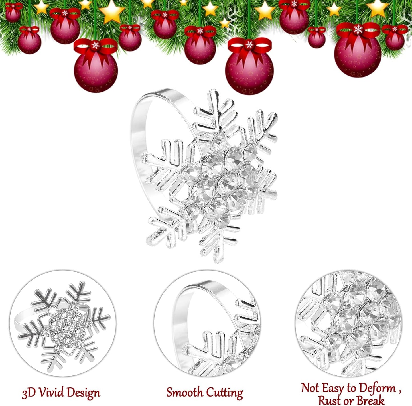 Legigo Set of 12 Christmas Snowflake Napkin Rings Set- Metal Diamond Snow Xmas Napkin Ring Holders for Cloth Napkins, Christmas Holiday Party Dinner Table Decoration
