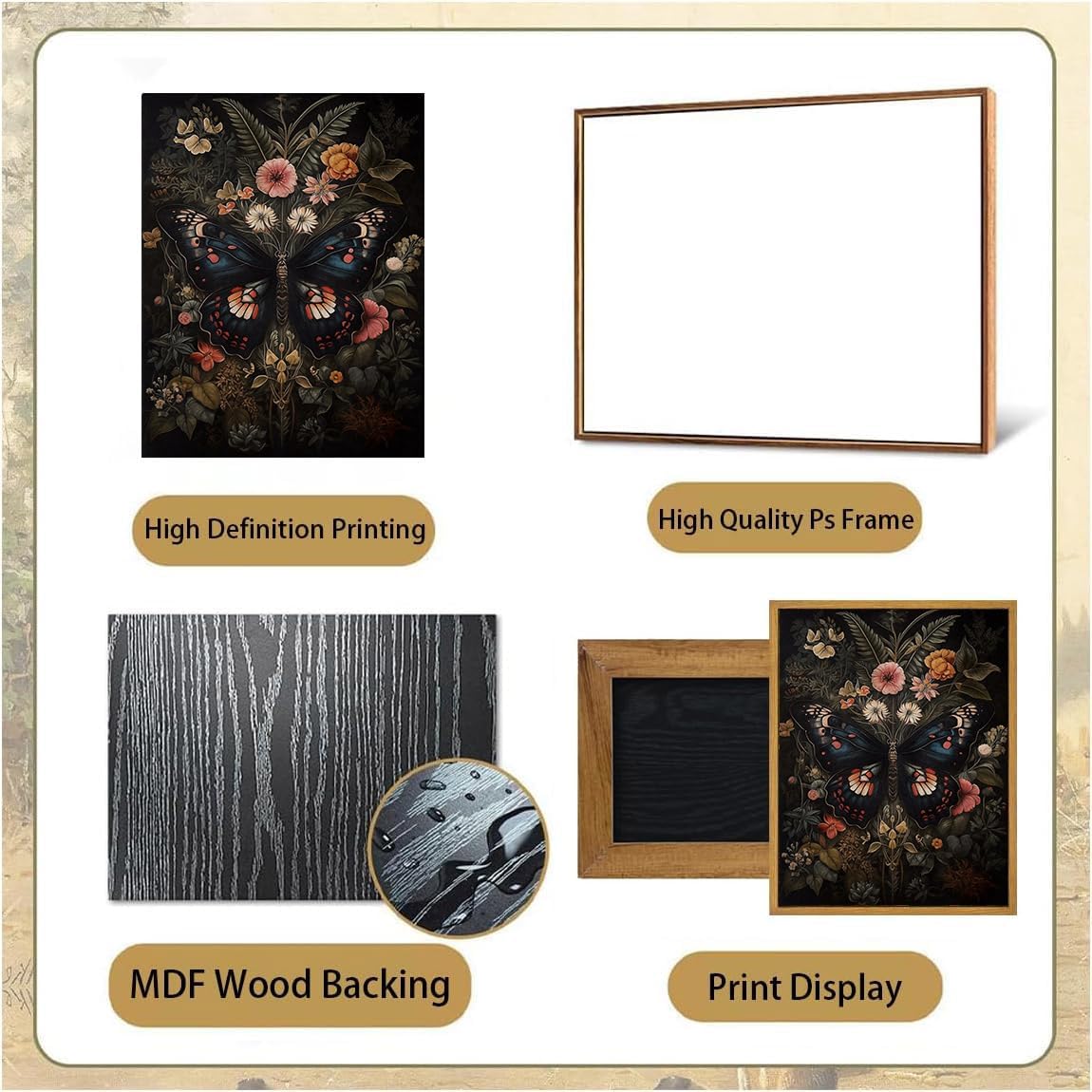 Djmwtb Vintage Framed Wall Art Butterfly Canvas Wall Art Prints Gothic Botanical Floral Pictures Dark Academia Flower Painting Wall Decor Artwork for Living Room Bedroom Bathroom Office 8x10in