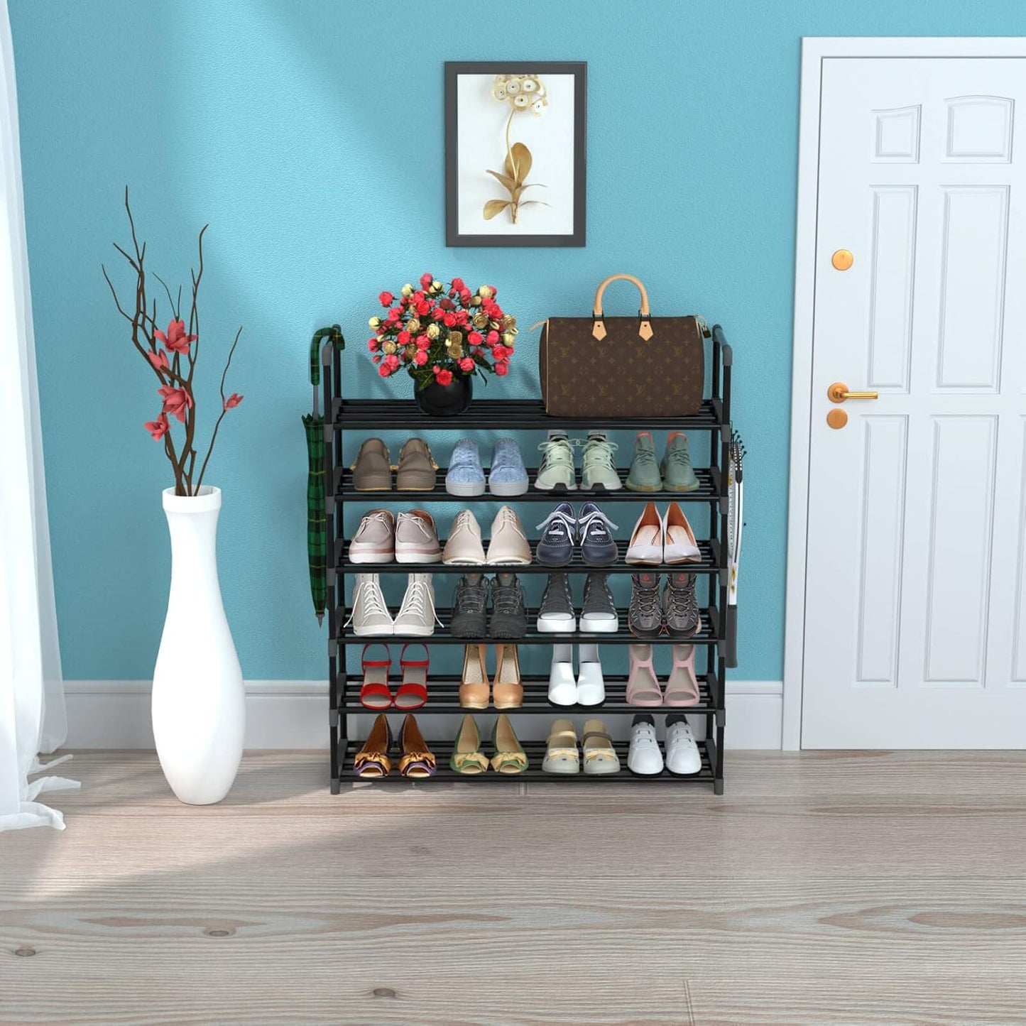 6 Tiers Metal Shoe Rack,Adjustable Shoe Shelf Storage Organizer with Hooks,Stackable Boot & Shoe Storage,for Entryway,Hallway,Closet,Black