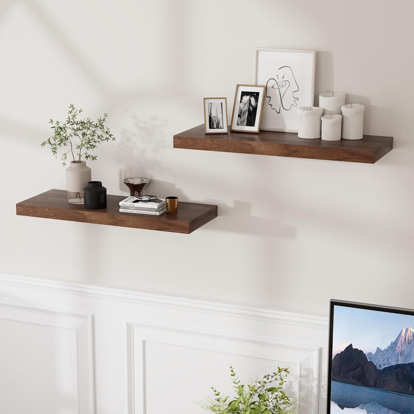 24 Inch Floating Shelves for Wall, 9.3 Deep Wall Shelves for Home Decor & Storage, 24x9.3x1.5 Large Wooden Shelf with Heavy-Duty Bracket, Deep Shelf for Kitchen, Living Room, Walnut Color