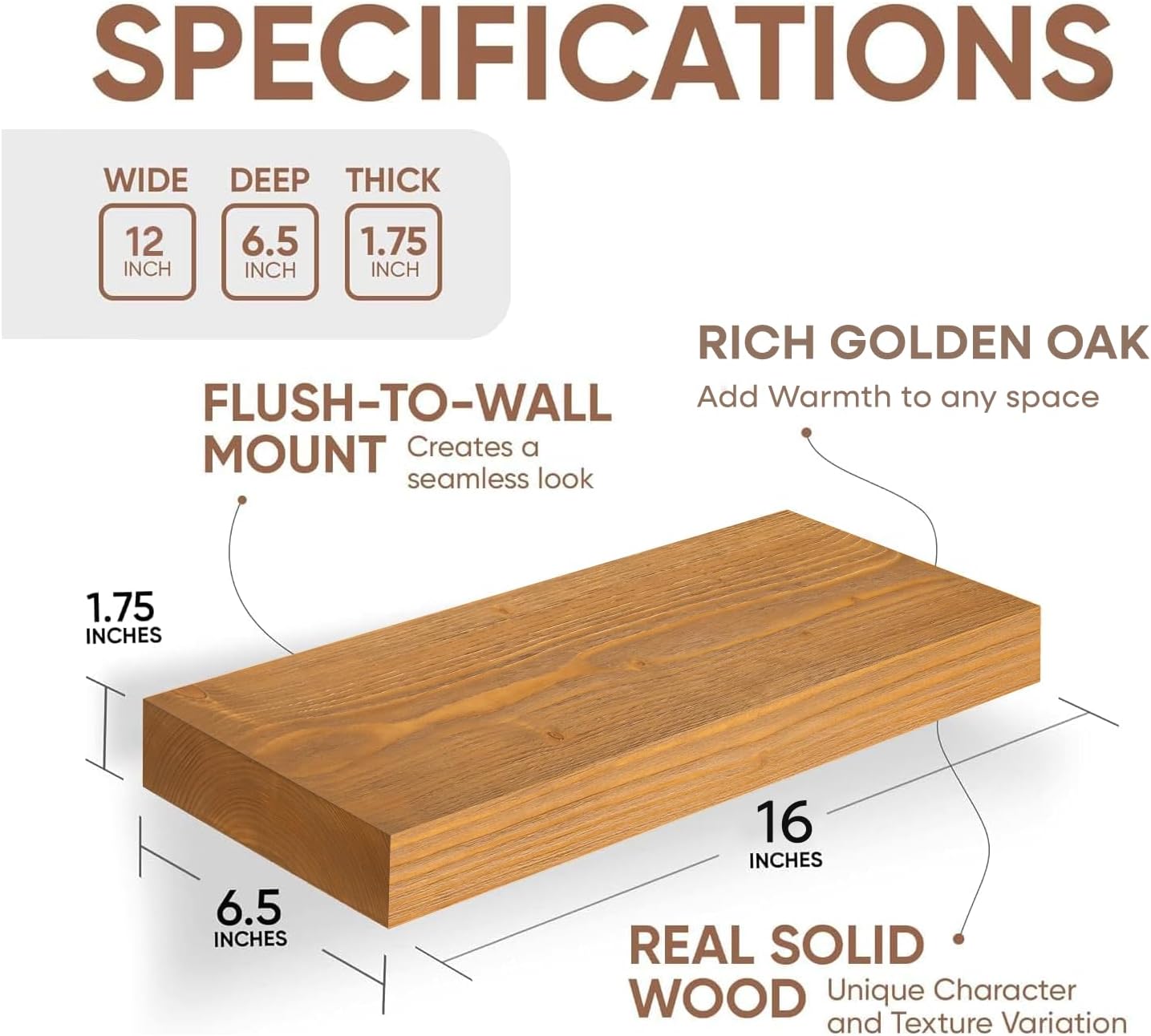 Homeforia 16 inch Golden Oak Floating Shelf, High End Solid Real Wood 16inch Small Floating Shelves for Wall Mounted, Oak Wooden 16in Floating Shelves, Heavy Duty Bracket, 16 X 6.5 X 1.75 in, Set of 2