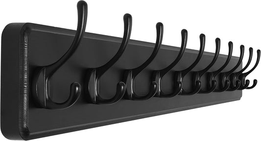 SKOLOO Large Black Wall Mounted Coat Rack - 38.6'' Long Coat Rack for Wall, Pine Solid Wood Coat Hook Hanger - 10 Hooks for Hanging Clothes Backpack Coats