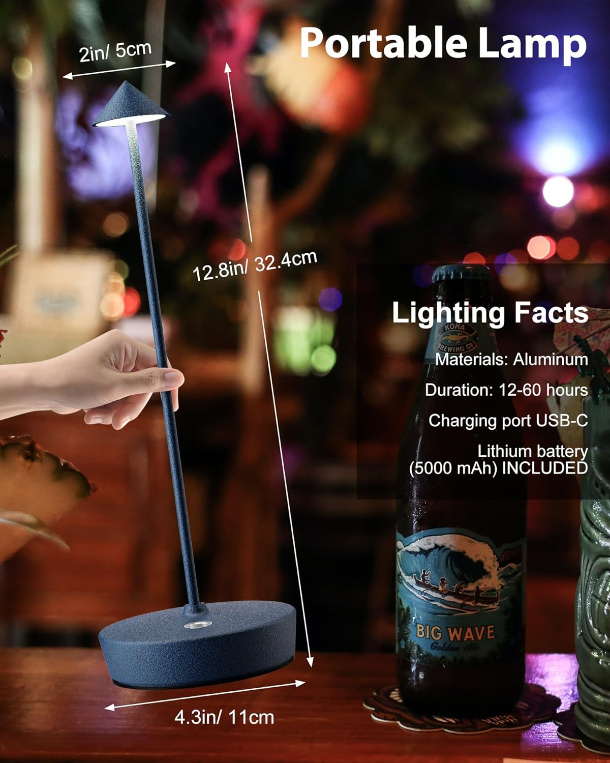 Cordless Table Lamps Rechargeable, 6000mAh Battery Operated LED Desk Lamp Outdoor Waterproof Portable Touch Dimmable Table Light for Patio Restaurant Dining Home Set of 2 Blue