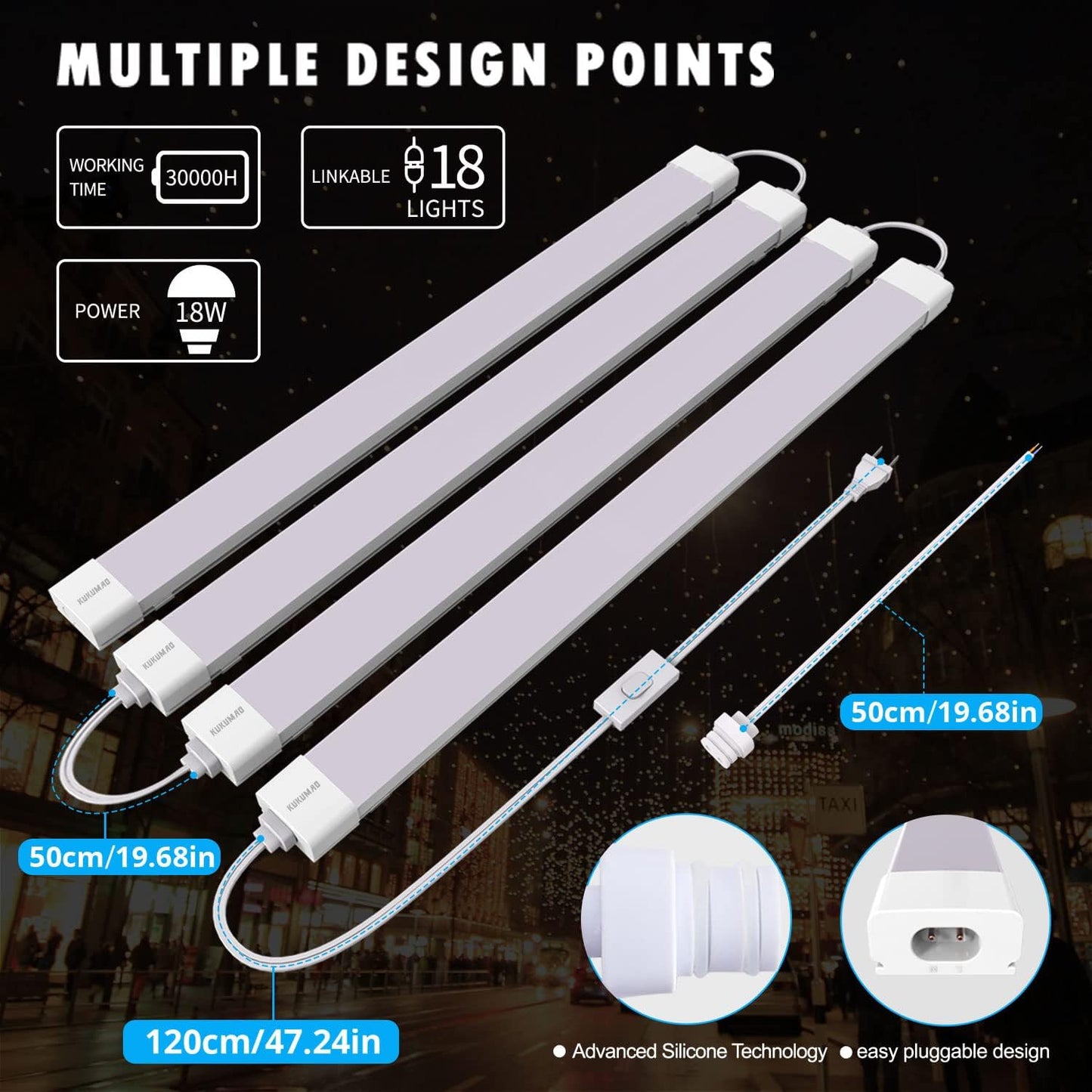 KUKUMAO 5000K LED Ceiling Light Fixture, 2FT with Plug Linkable, 2PCS Waterproof LED Tube Light Under Cabinet Lighting,Closet Light 18W for Garage Kitchen Bathroom Workbench and Office