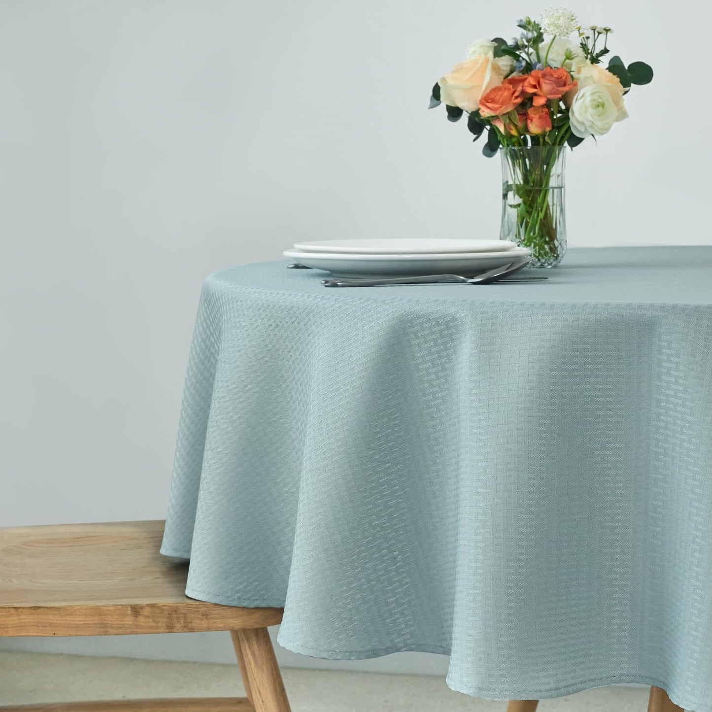 maxmill Round Weaved Texture Design Tablecloth Spill-Proof Wrinkle Free Soft Washable Table Cloth for Circular Table Cover, for Dining Room Banquet Parties Holiday Dinner, 70 Inch Dusty Blue