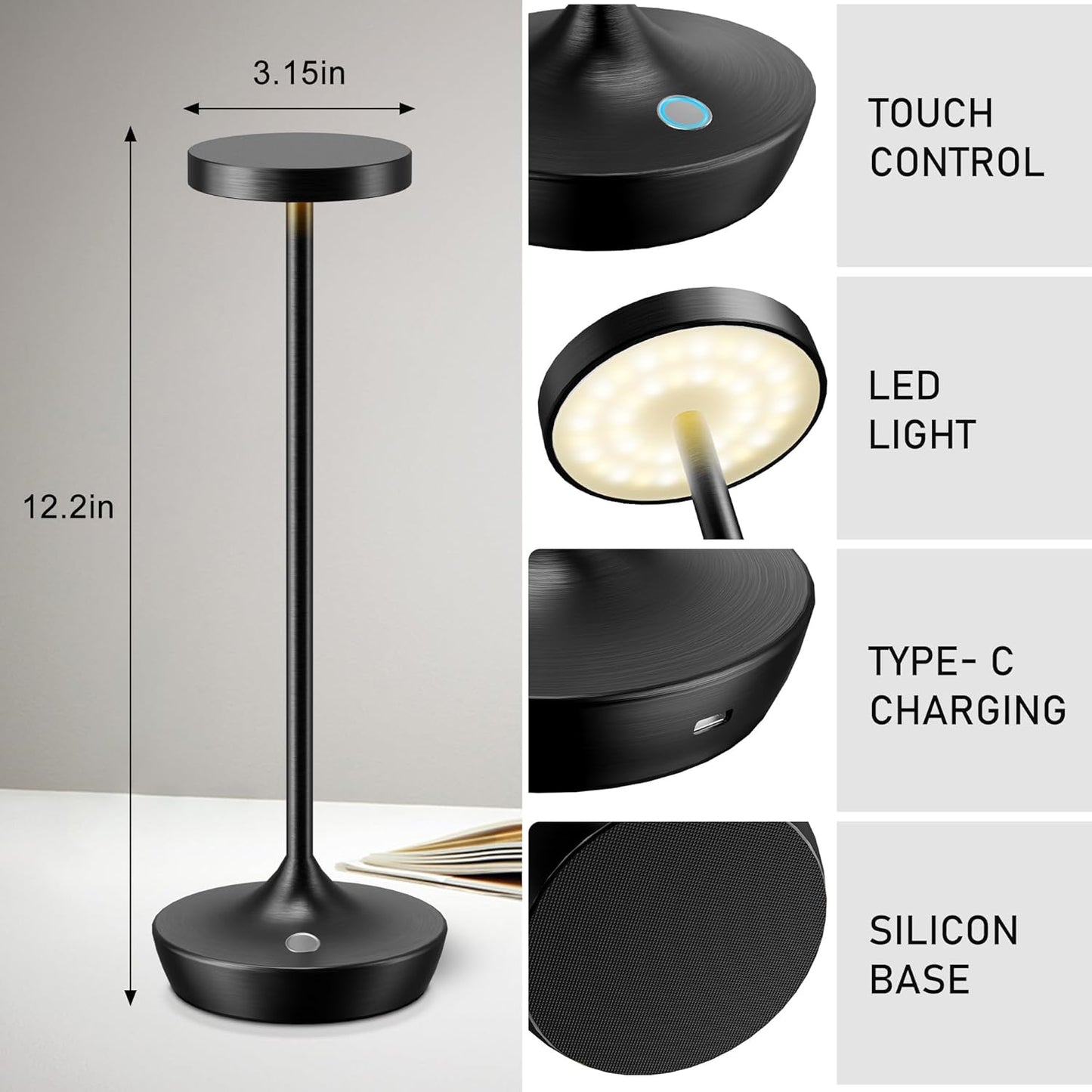 Cordless Table Lamp Rechargeable - 6000mAh LED Battery Operated Table Light - Portable Touch Dimmable Outdoor Waterproof Table Lamps for Patio Restaurant Dining (2 Black)