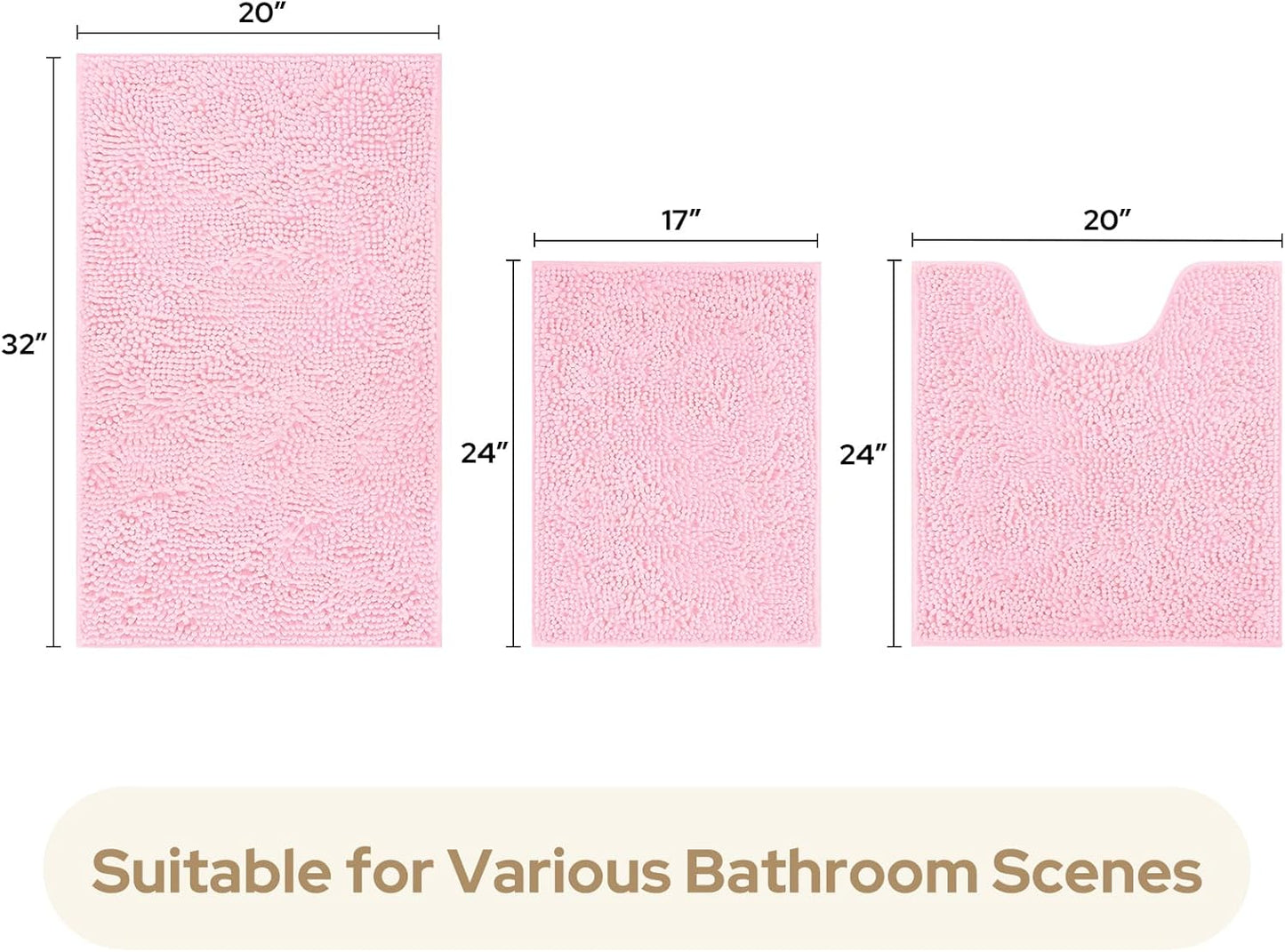 HOMEIDEAS 3 Pieces Bathroom Rugs, Ultra Soft Non Slip Absorbent Chenille Toilet Bath Mat Set (Light Pink,17"x24"+20"x32"+U Shape 20"x24")