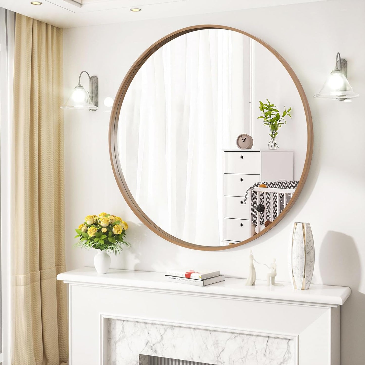 WallBeyond Round Wood Mirror, 36" Round Modern Decoration Large Circle Wall Mirror for Bathroom Living Room Bedroom Entryway, Honey