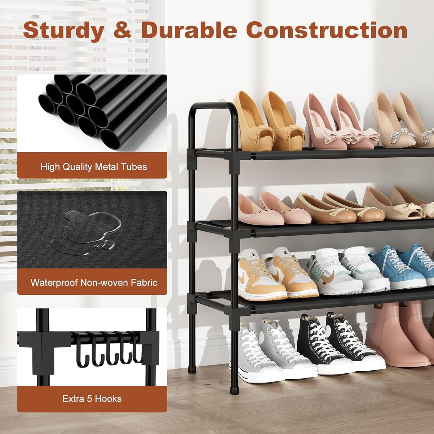 3-Tier Shoe Rack for Closet, Stackable Shoe Organizer with 5 Hooks, Long Shoe Shelf Storage for Sneakers & Boots, Free Standing Shoe Rack for Entryway Dorm Garage Small Spaces, Black