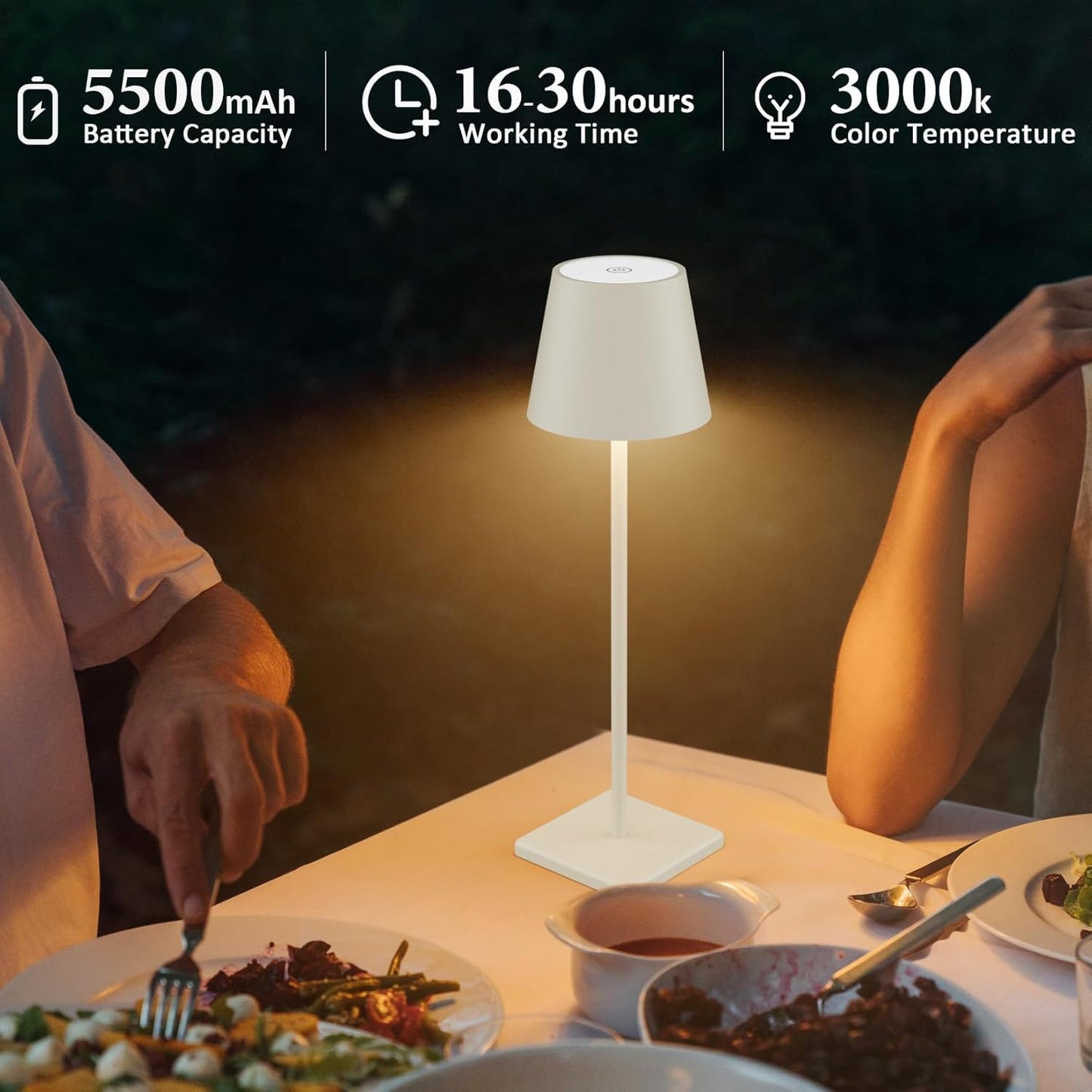 2-Pack LED Cordless Table Lamp, Rechargeable Battery Desk lamp 3W 5500mAh Battery Operated Stepless Dimming Modern Portable Table Light for Restaurant/Bedroom/Outdoor IP54 Waterproof (Off White)