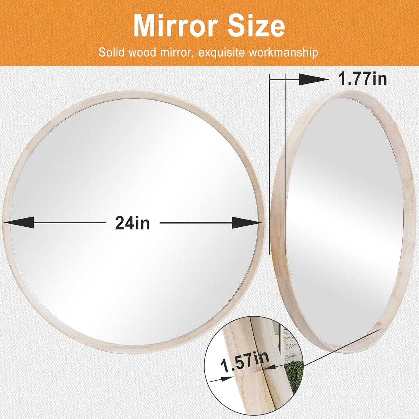 Natural Wood Round Mirror, 24 Inch - Large Wall Circle Mirror for Bathroom or Nursery Decor