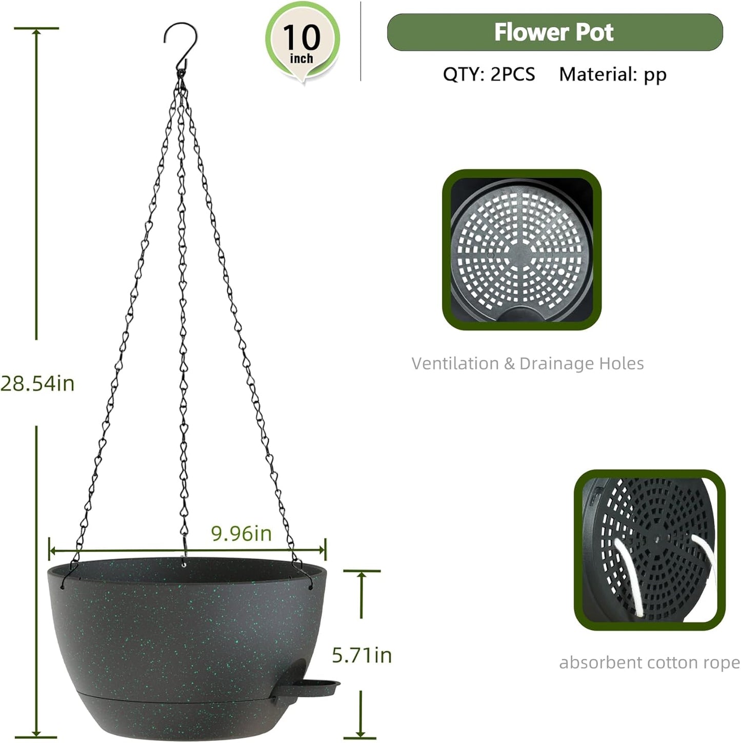 10 Inch Hanging Baskets 2 PC with Chains, Self-Watering Hanging Planters for Indoor Outdoor Plants, Plastic Hanging Flower Pots,Black with Green Speckles