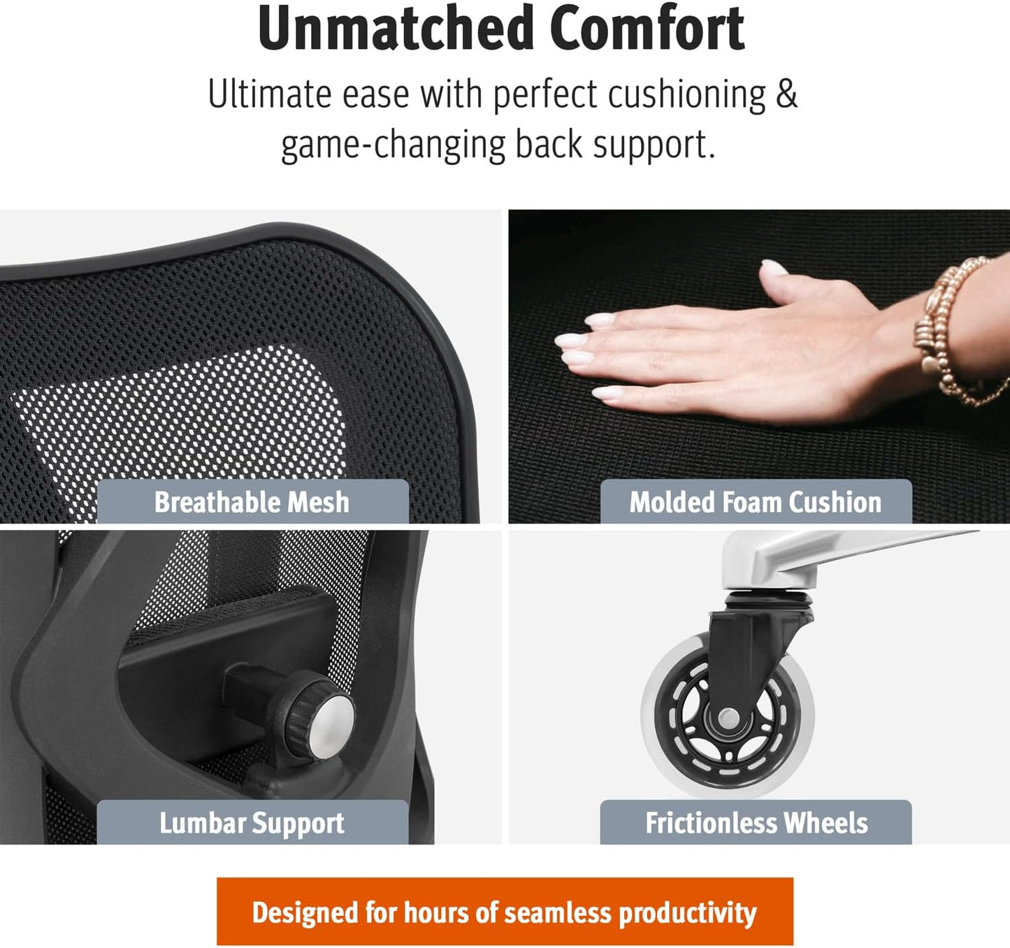 Duramont Ergonomic Office Chair - Adjustable Desk Chair with Lumbar Support and Rollerblade Wheels - High Back Chairs with Breathable Mesh - Thick Seat Cushion, Head, and Arm Rests - Reclines