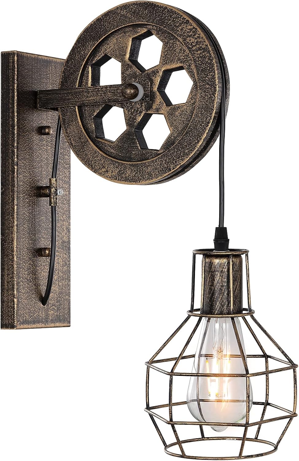 1 Light Fixture Industrial Mid Century Retro Iron Wall Lights Lift Pulley Wall Lamp Features The Matte Iron Cage Lamp Shade for Indoor Lighting Barn Restaurant(Bronze Color)