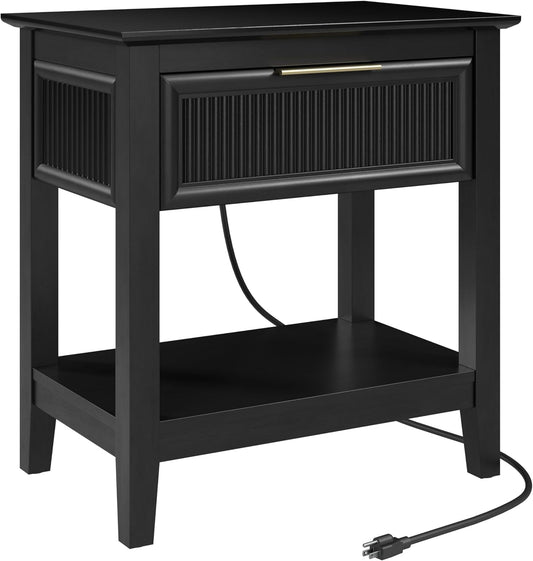Bush Home Fluted Nightstand with Drawer, Bedroom Furniture, Camille Collection, Onyx Birch Black