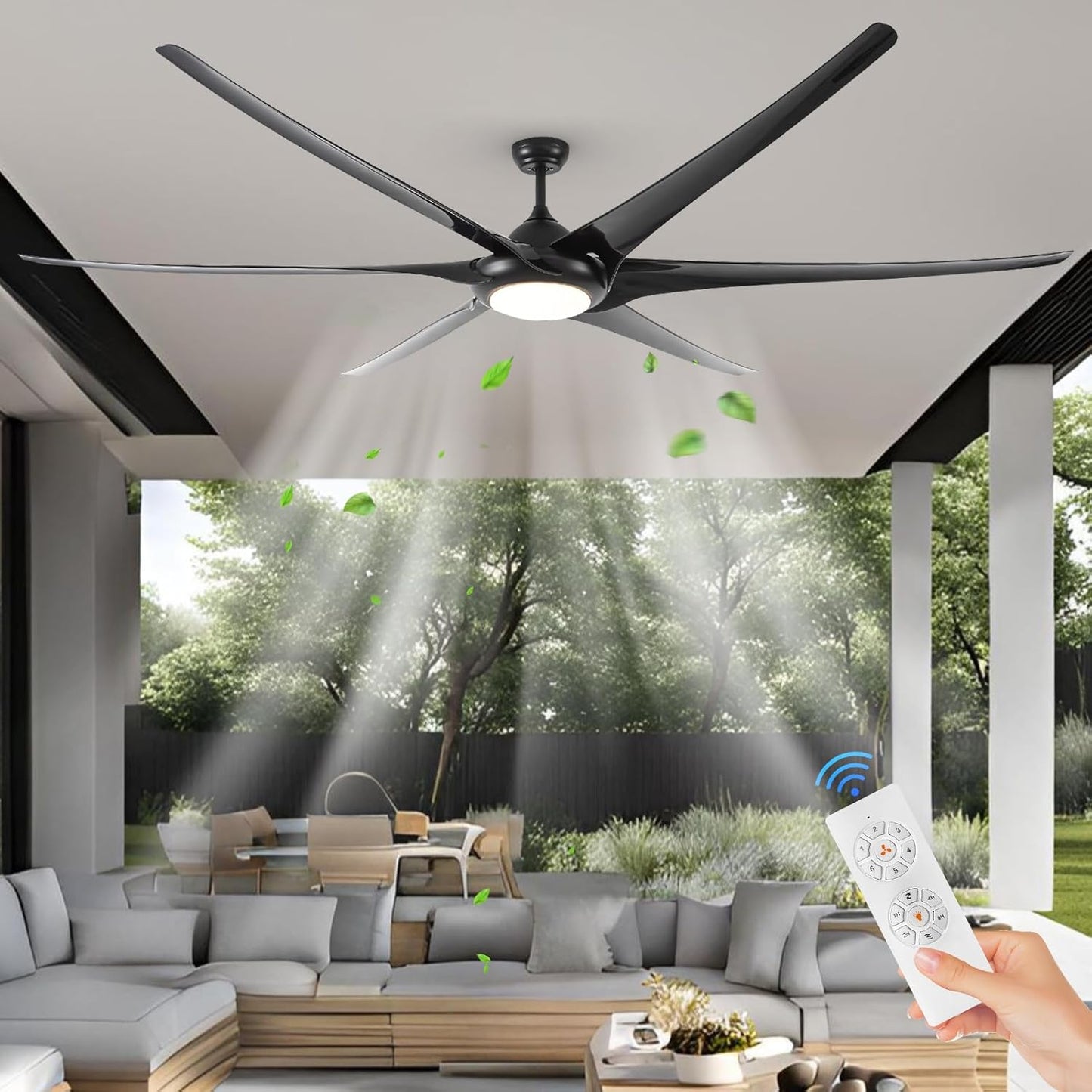 100in Black Large Ceiling Fan with Lights 6 Blade Outdoor Ceiling Fan Light for Patio Remote Control Ceiling Fans LED Light for Garage Gym Room Living Room Office Restaurant