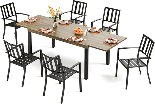 PHI VILLA 7 Piece Outdoor Dining Set for 6, Expandable Wood-Like Metal Dining Table & Wrought Iron Stackable Chairs, Large Dining Furniture for Patio, Deck, Backyard, Porch