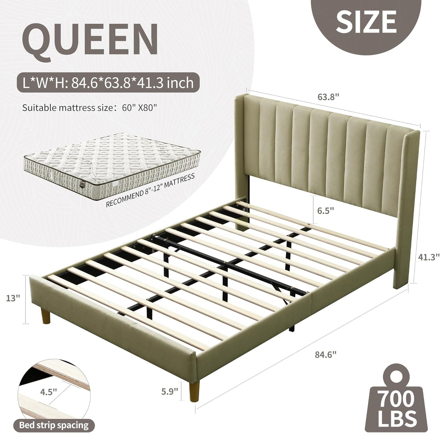 YUHUASHI upholstered Platform Bed Frame/Queen Bed Frame/Modern Geometric Double-Wing Design headboard/Linen Fabric/Easy to Assemble no Noise (Beige, Queen (U.S. Standard))