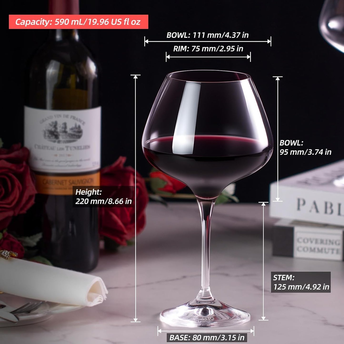 KAMMAK Wine Glasses Set of 2, 20 oz Hand Blown Crystal Bordeaux Wine Glasses, Thin Rim & Long Stem, Perfect for Red & White, Daily Use, Wedding Anniversary or Birthday Gift with Gift Box, Rebecca