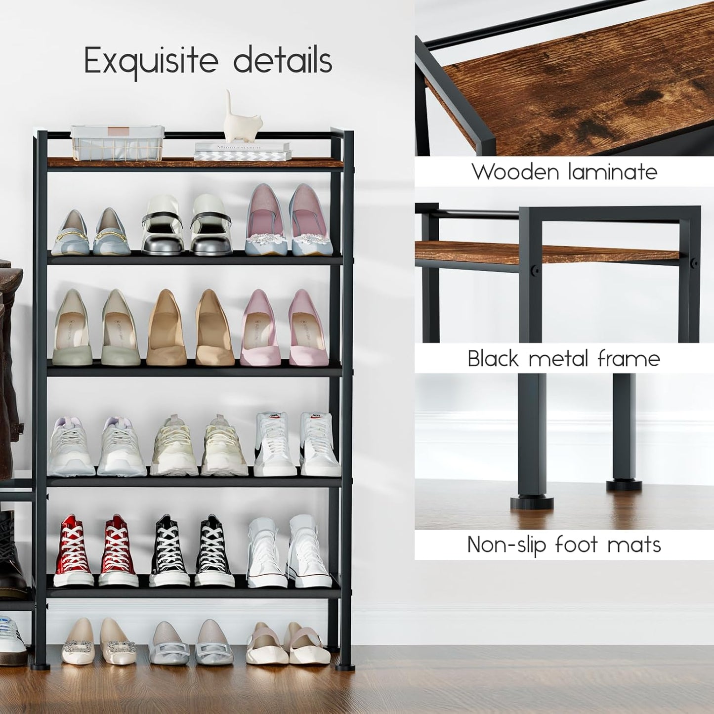 Shoe Rack Organizer and Storage - 5 Tier Metal Shoe Rack with Boot Storage & Side Any Combination - Space Saving Shoe Shelf for Entryway, Bedroom, Closet, Garage, Small Spaces