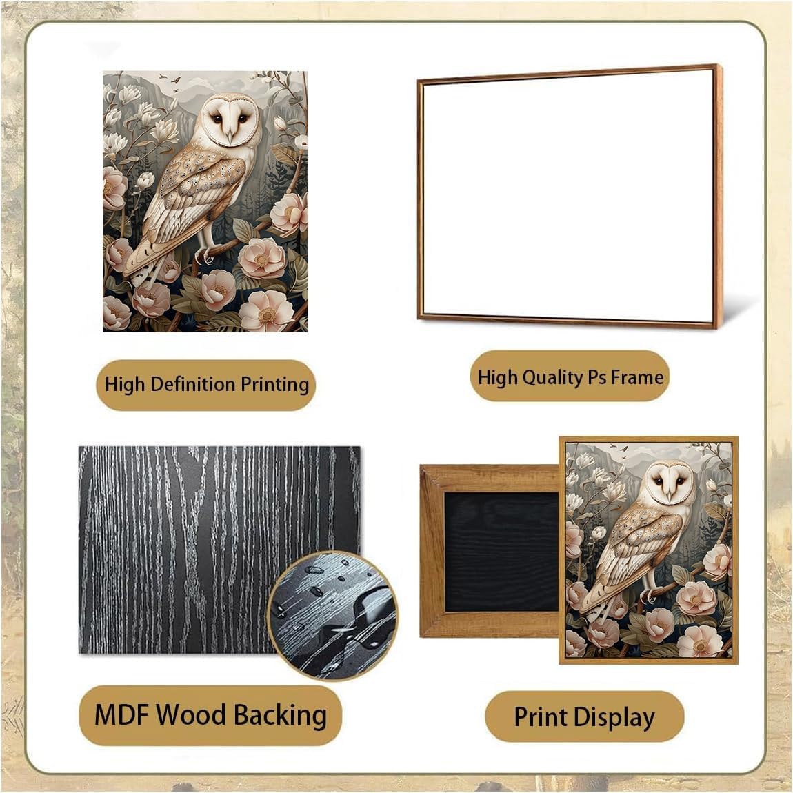 Djmwtb Vintage Framed Wall Art Floral Owl Canvas Wall Art Prints Flower Botanical Painting Nature Pictures Artwork for Bedroom Living Room 12x16in