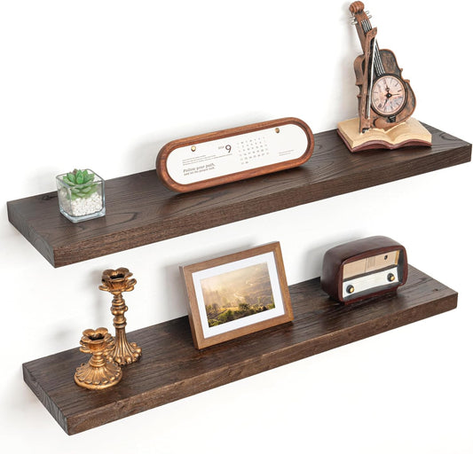 Floating Shelves for Wall Decor, 8 Inch Deep Rustic Solid Elm Wood Floating Shelves Wall Mounted, Wall Shelves with Invisible Bracket for Living Room Bathroom Bedroom Kitchen, 32 Inch Set of 2, Walnut