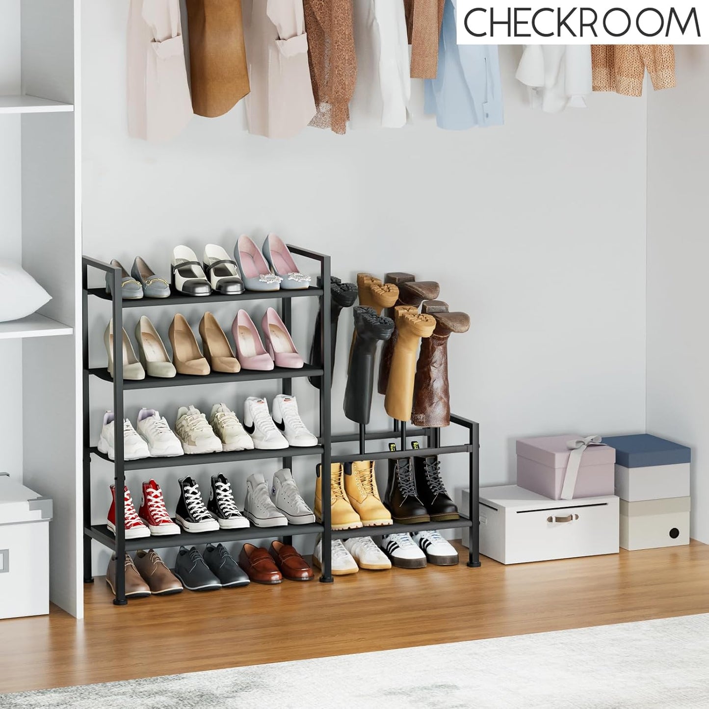 Shoe Rack Organizer and Storage - 4 Tier Metal Shoe Rack with Boot Storage & Side Any Combination - Space Saving Shoe Shelf for Entryway, Bedroom, Closet, Garage, Small Spaces