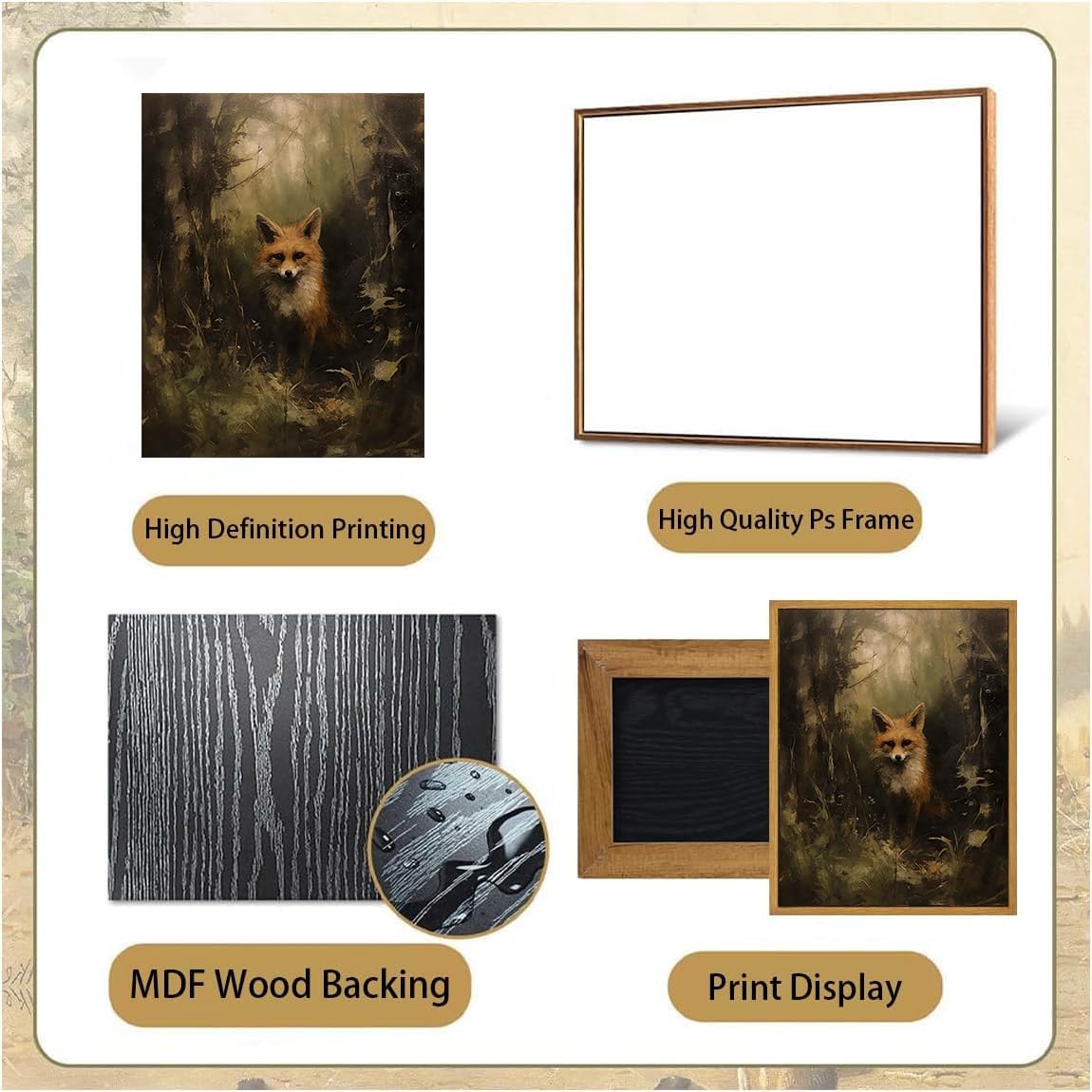 Djmwtb Vintage Framed Wall Art Fox Canvas Wall Art Forest Animal Art Prints Woodland Painting Pictures Wall Decor Artwork for Living Room Bedroom Bathroom Office 8x10in