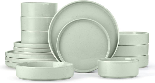 Herogo 16 Piece Plates and Bowls Set, Porcelain Dinnerware Sets with Pasta Bowls, Kitchen Dinner Ware Dishes Service for 4, Chip & Scratch Resistant Dishware, Speckled Light Green
