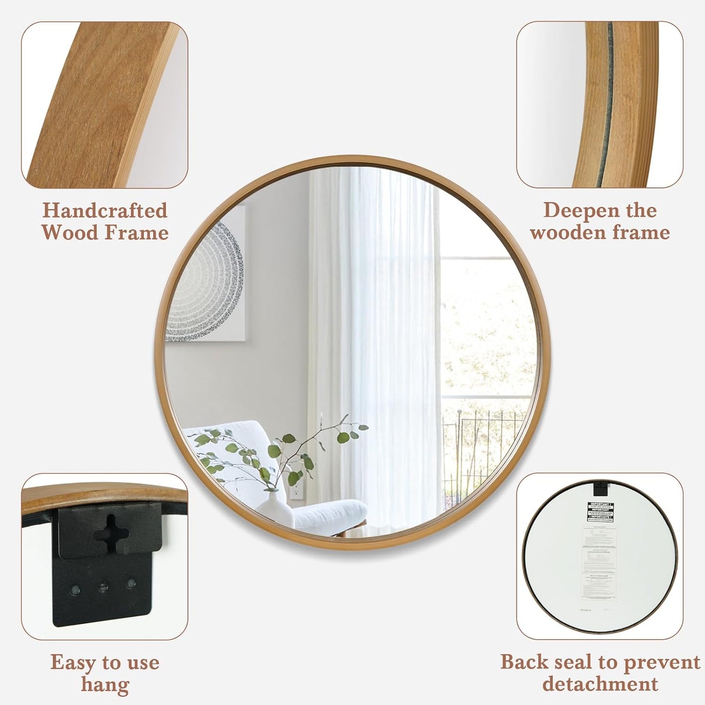 WallBeyond Round Wood Mirror 28" Circle Wall Mirror for Bathroom Round Wall Mirror for Wall Decor, Vanity, Entryway Living Room, Honey