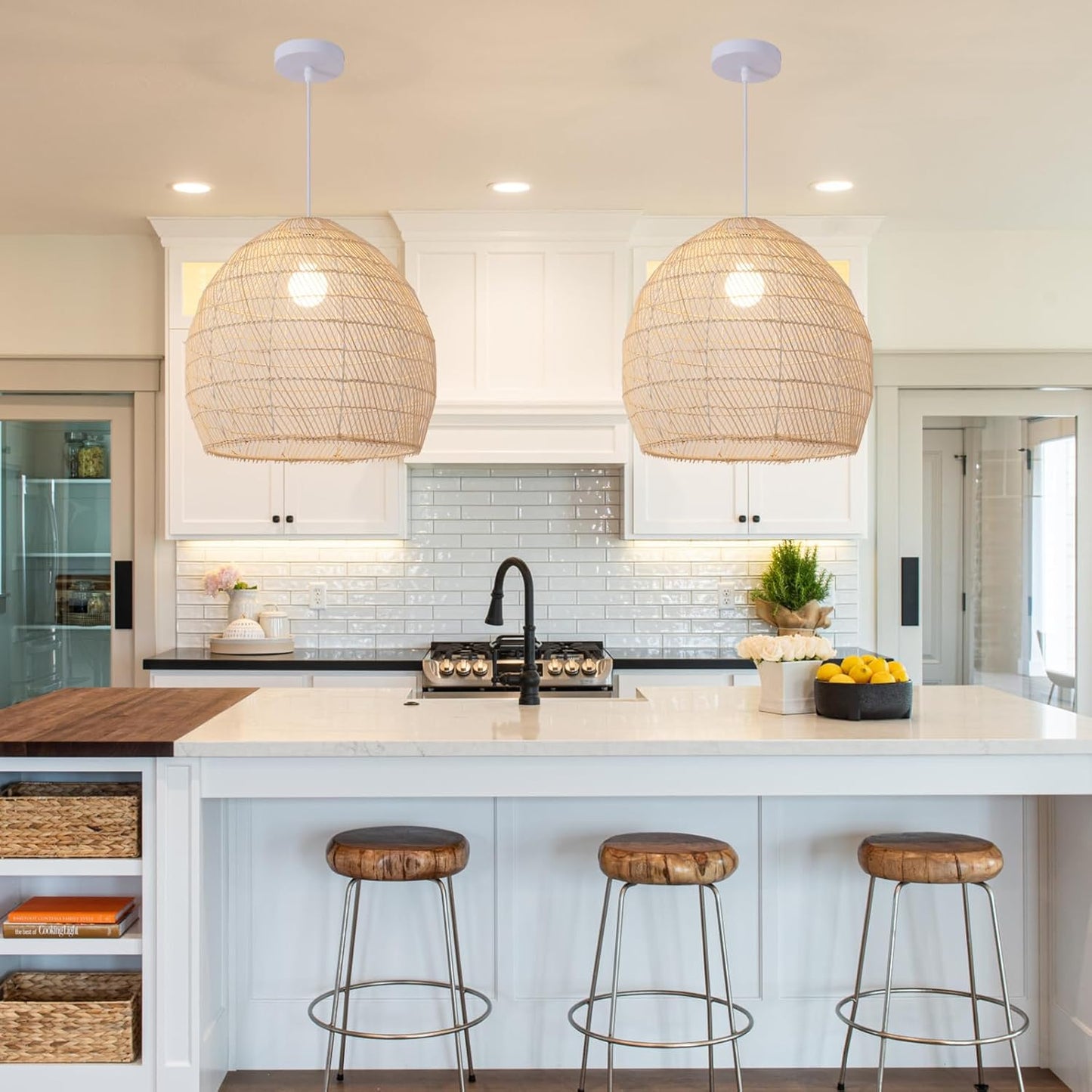 1-Light Rattan Pendant Light,13.78" Hand-Woven Bamboo Rattan Hanging Light Wicker Chandelier for Kitchen Island Restaurant Craft Room Farmhouse