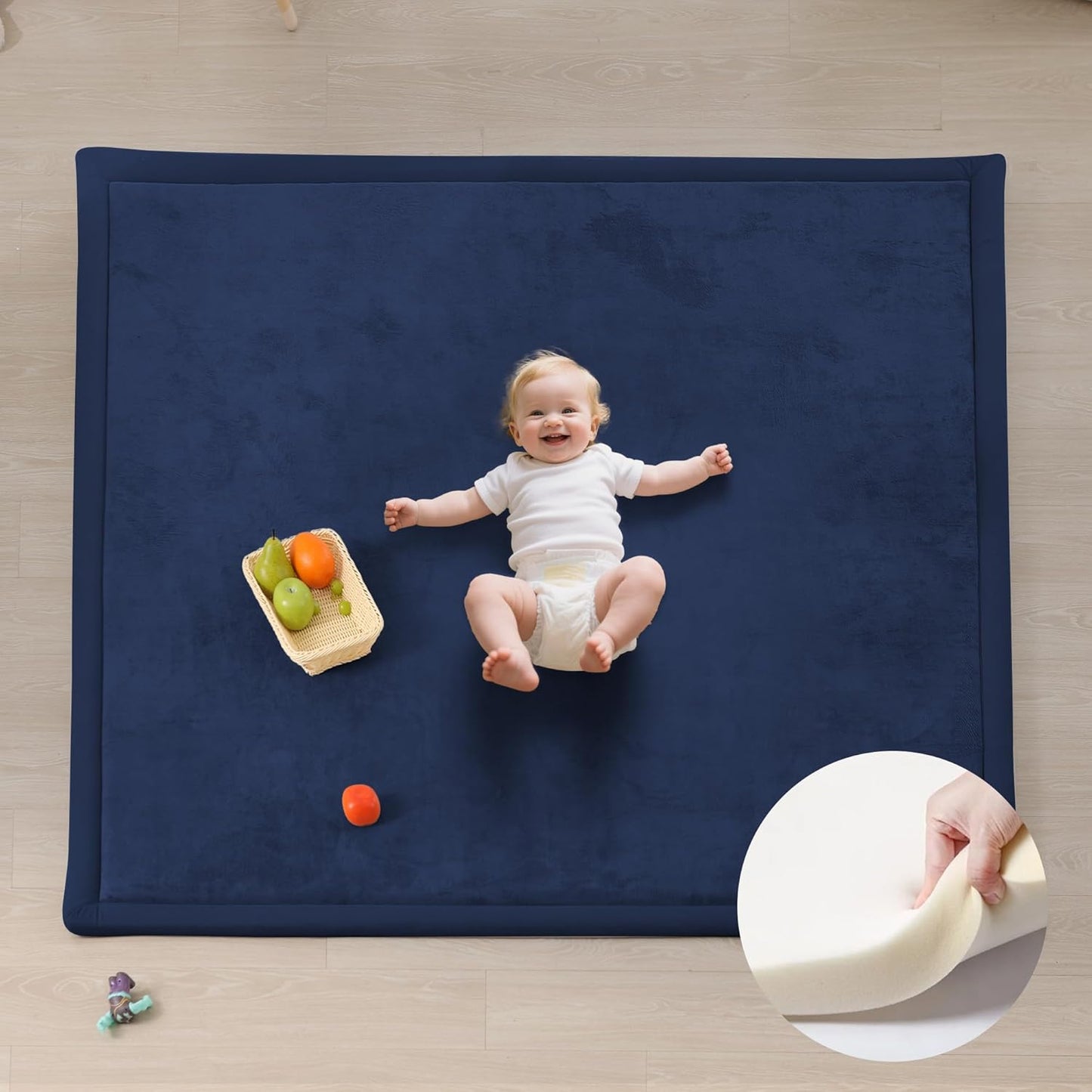 Baby Play Mat for Floor, 1.3"Thick Extra Large Cushioning Memory Foam Playpen Mat, Soft Coral Velvet Baby Crawling Mat with Non-Slip Backing (Dark Blue, 79"×118"×1.3")