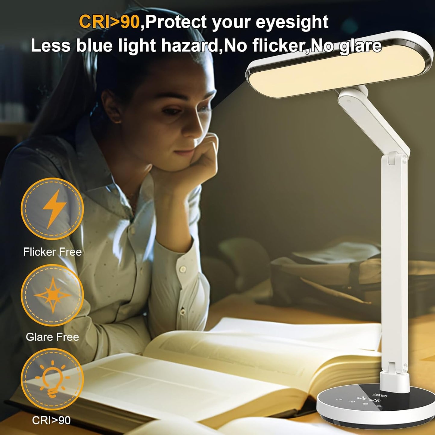 Miady LED Desk Lamp Stepless Dimming for Office Home, 15/30/45 Minutes Auto-Off Timer, 6 Lighting Brightness Levels with Adjustable Arm, Eye-Caring Reading Light for Table Bedroom Study