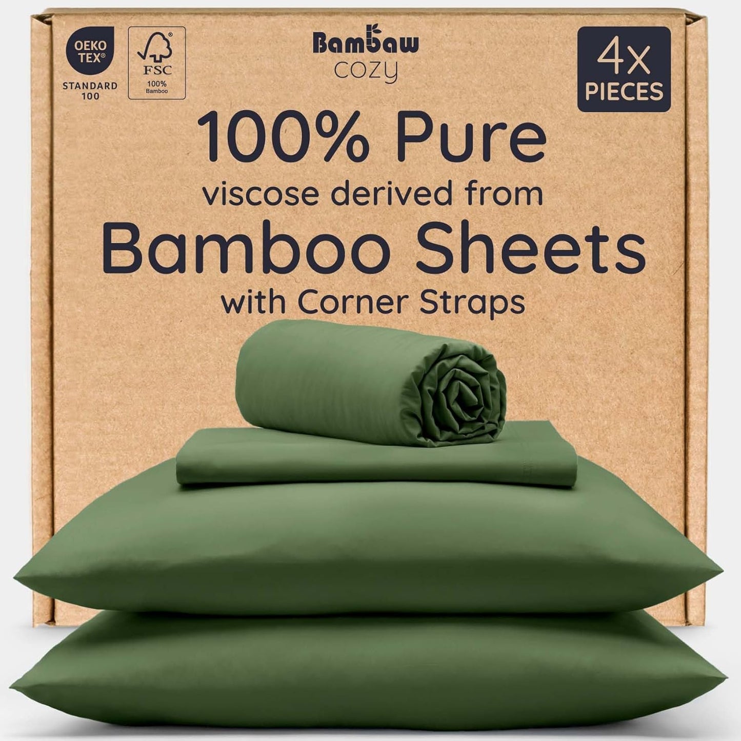 Bambaw Full Sheet Set 4pcs – 100% Viscose Derived from Bamboo Sheets Full Size Set, Cooling Bed Sheets for Hot Sleepers, with Elastic Corner Straps (Olive)