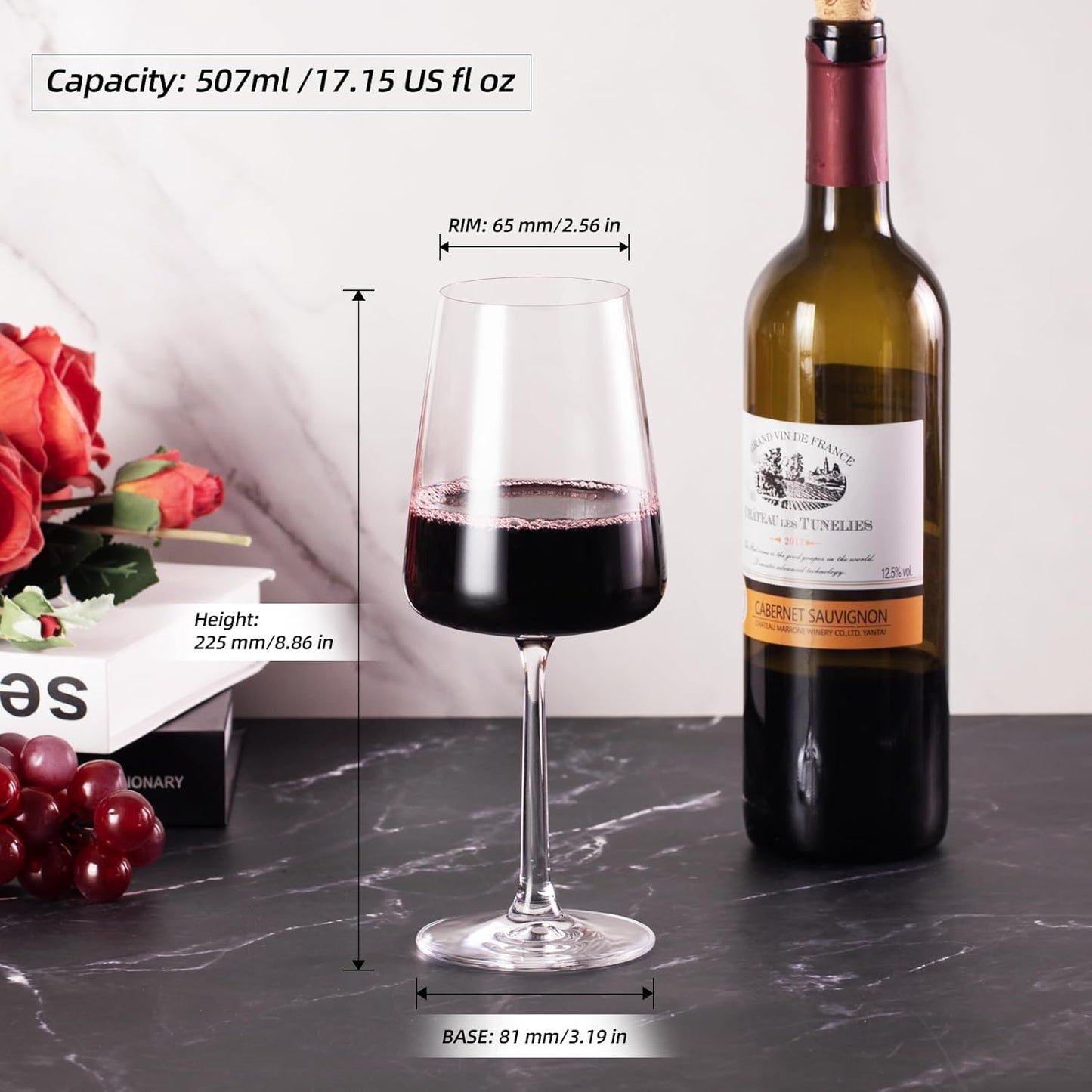 KAMMAK Wine Glasses Set of 2, 17 oz Hand Blown Crystal Bordeaux Wine Glasses, Thin Rim & Long Stem, Perfect for Red & White, Daily Use, Wedding Anniversary or Birthday Gift with Gift Box, S85BJ52