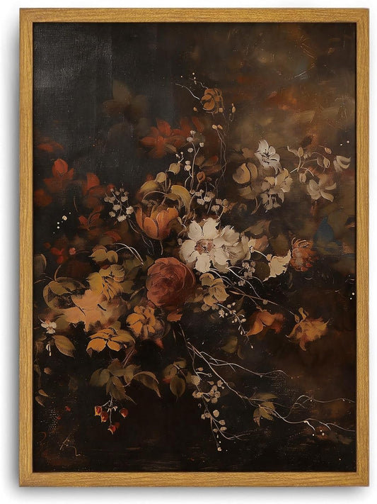 Djmwtb Vintage Fall Framed Wall Art Autumn Dark Floral Canvas Wall Art Prints Moody Botanical Painting Flower Pictures Artwork for Living Room Bedroom Bathroom Office 12x16in