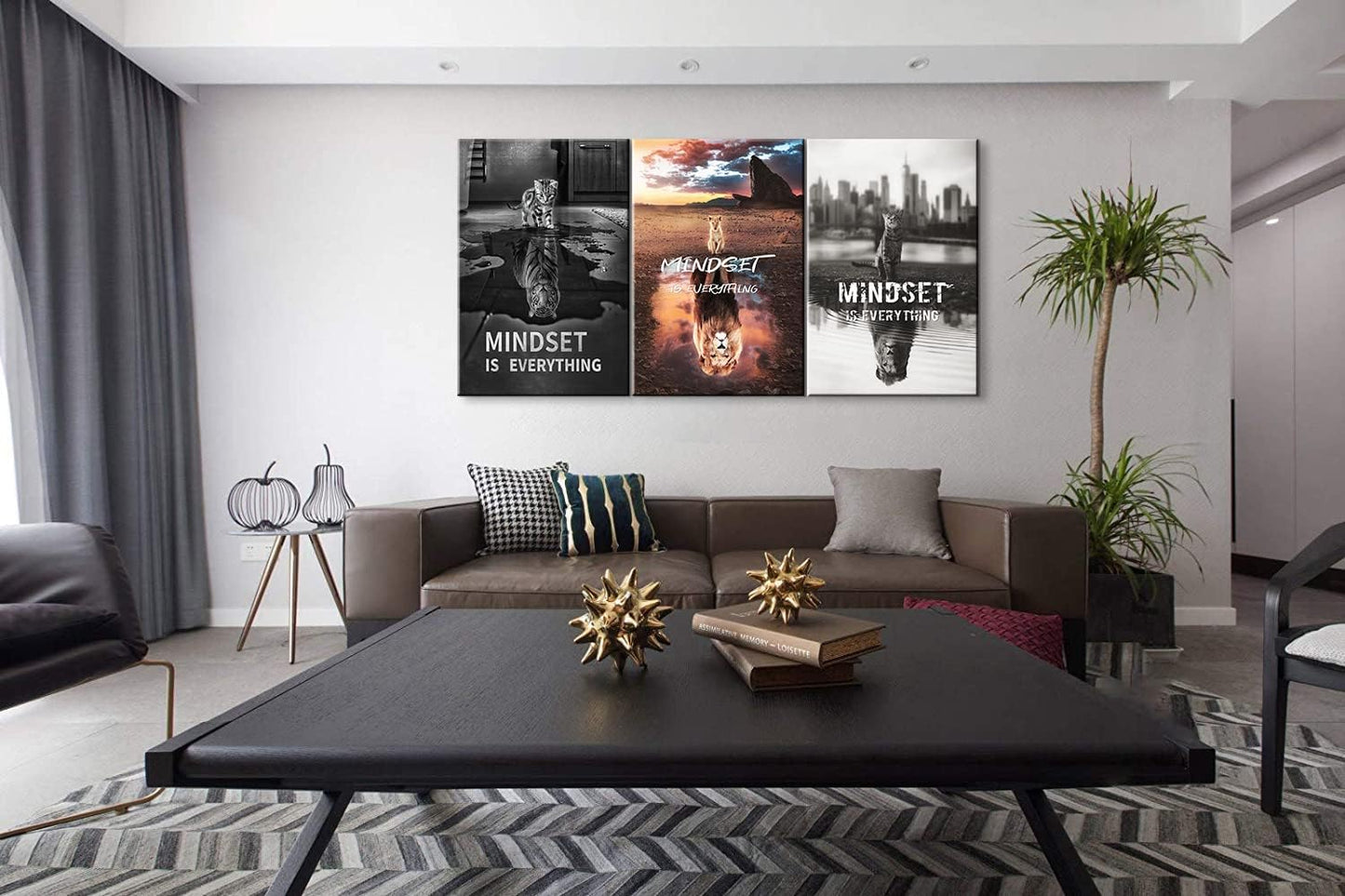 Mindset Is Everything 3-Piece Motivational Canvas Wall Art - Framed Inspirational Quotes for Office, Classroom, Home Decor (24''Wx36''Hx3PCS)