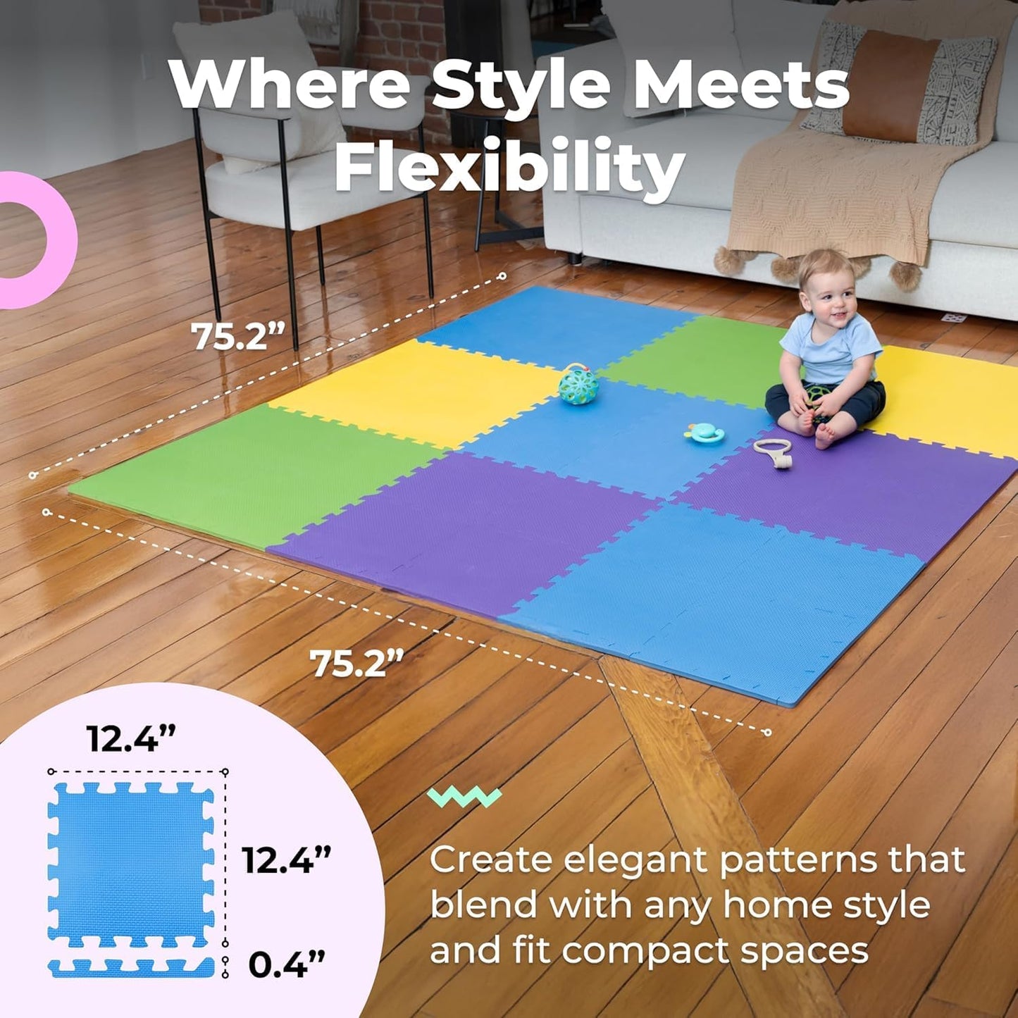 MioTetto Foam Floor Tiles for Kids - Non-Toxic Comfortable Baby Play Mat and Interlocking Foam Tiles, Fits with 74x74 Playpen Mat for Crawling & Development, Soft Play Mat for Babies 6-12 Months
