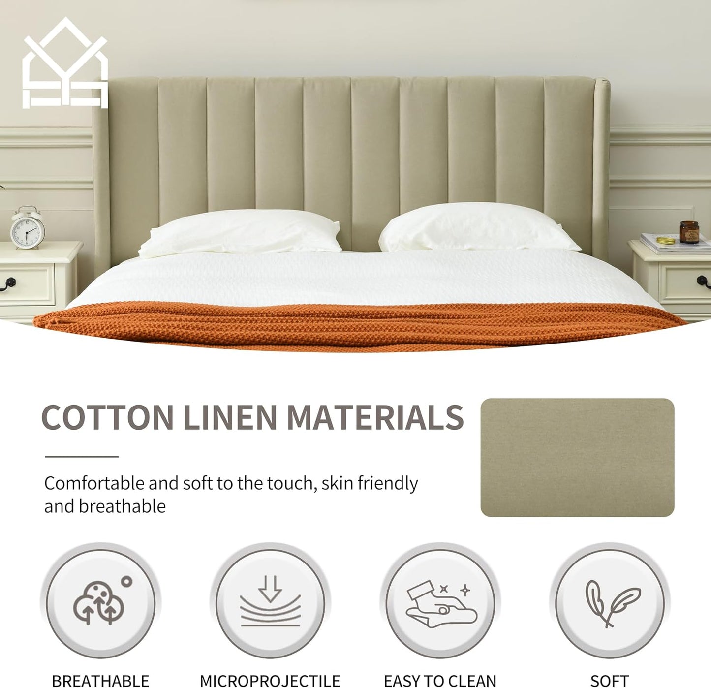 YUHUASHI upholstered Platform Bed Frame/Queen Bed Frame/Modern Geometric Double-Wing Design headboard/Linen Fabric/Easy to Assemble no Noise (Beige, Queen (U.S. Standard))