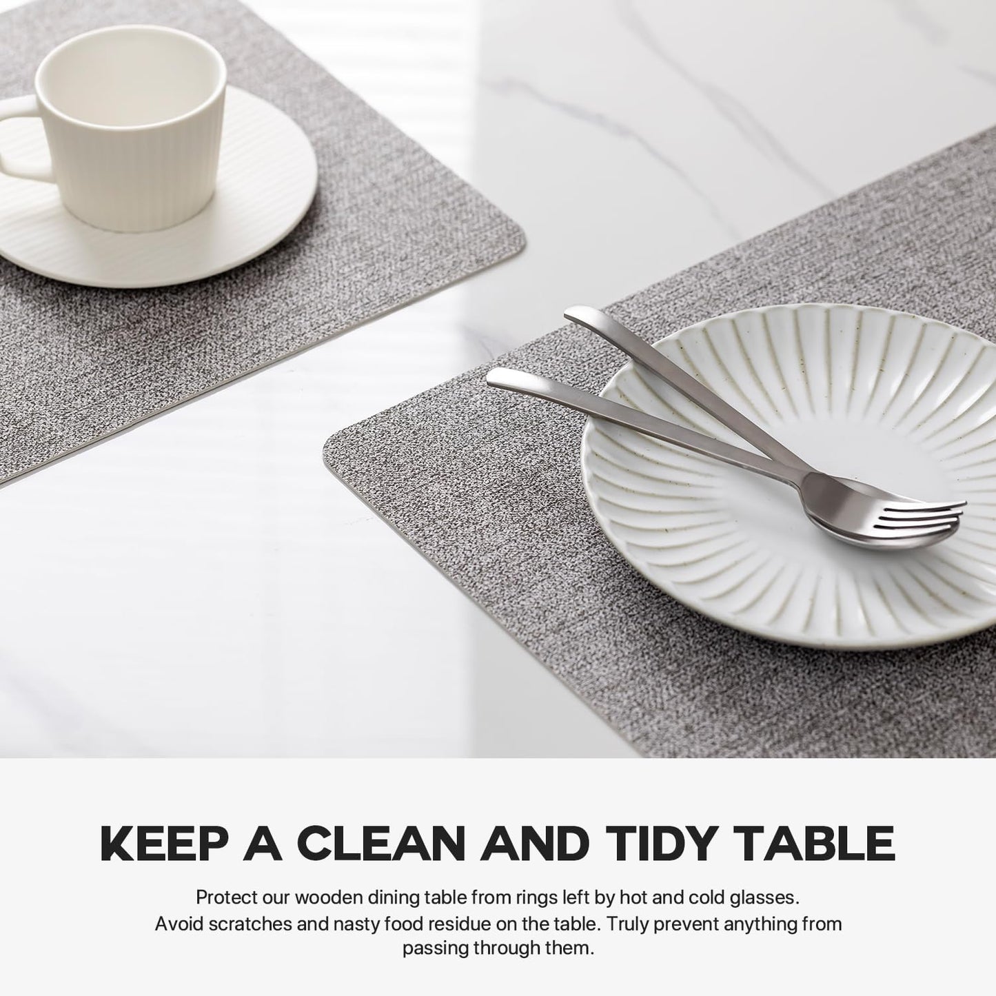 Faux Leather Placemats Set of 6 Vinyl Washable Wipeable Table Mats for Kitchen Dining Table Heat Resistant Waterproof Modern Indoor/Outdoor Placemats Non-Slip Easy Clean Place Mats (Mid Gray)