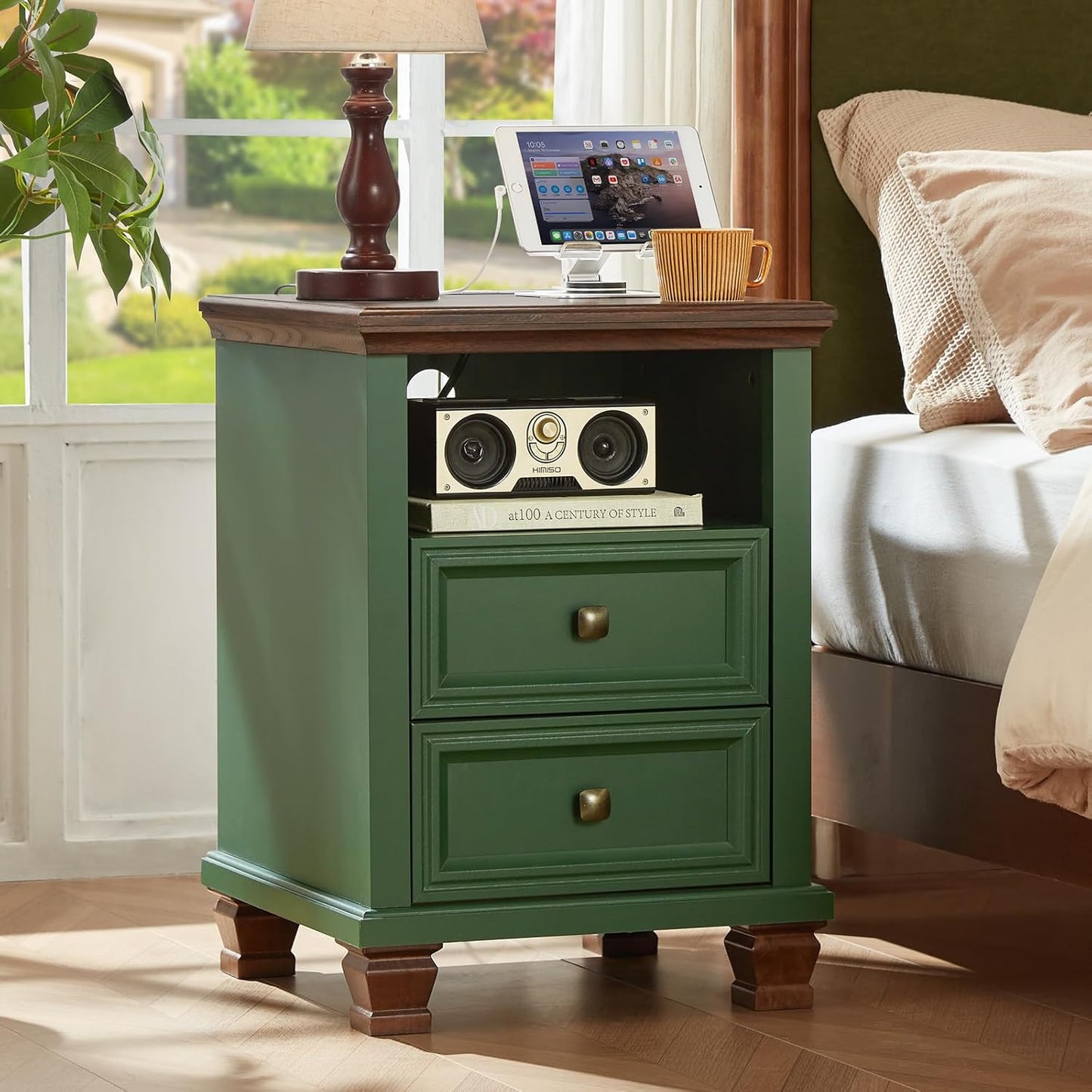 Farmhouse Nightstand Set of 2 with Charging Station, Rustic Green Nightstand,2 Drawers End Table for Living Room,Bedside Table with Open Shelf for Bed Room,Green