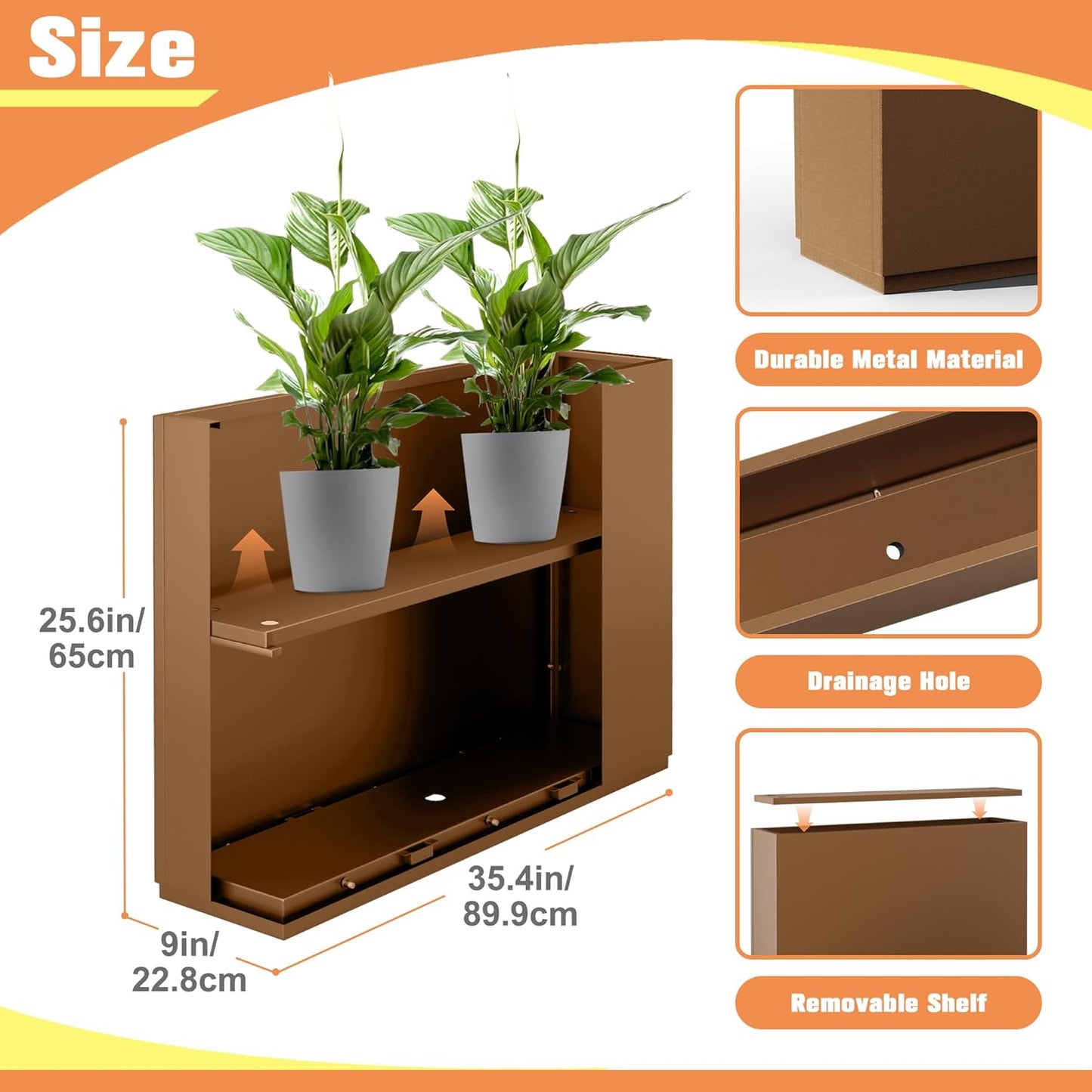Large Rectangle Planter Metal Brown Planter Box with a Drainage Hole and a Removable Divider Indoor Outdoor Porch Pots for Tall Plants, Trees, Flowers 35.43" x 9.06" x 25.59" Brown