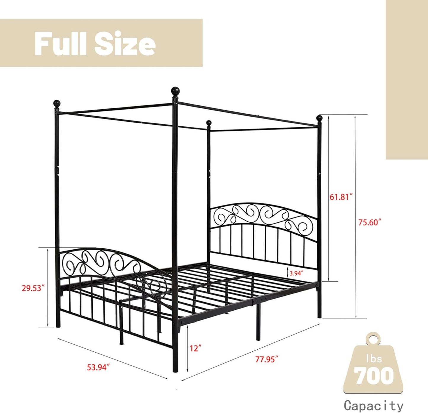 Full Size Canopy Bed Frame Four-Poster Metal Platform Bed with Headboard and Footboard Sturdy Heavy Duty Steel Slat Support No Box Spring Needed Black