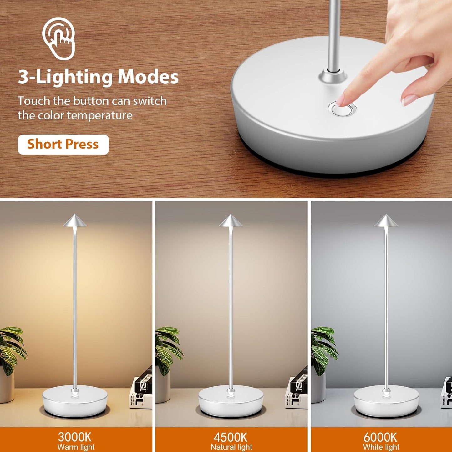 2Pack Rechargeable Cordless Table Lamp, Portable Powered LED Battery 6000mAh Metal USB Desk Lamp, 3 Levels Brightness Light for Restaurants Outdoor (2pack Silver)