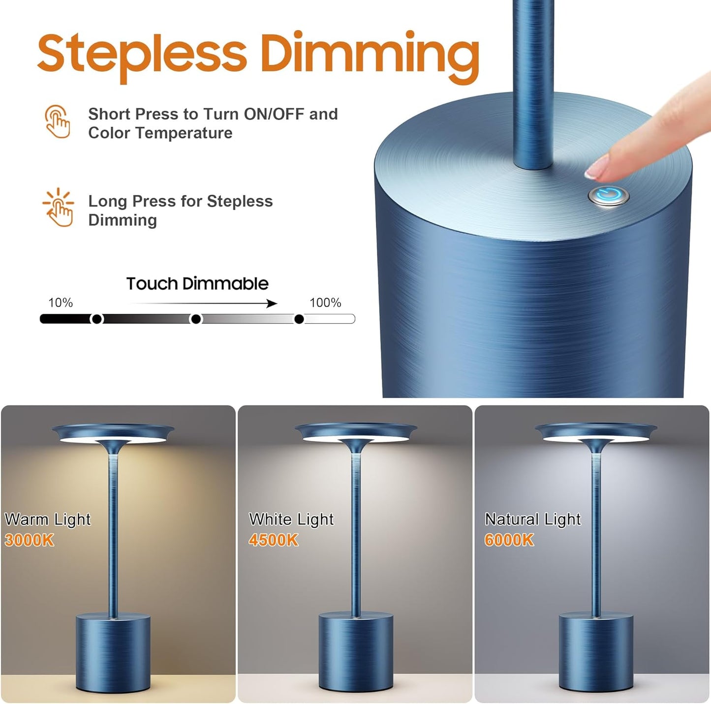 Cordless Table Lamp, Portable Rechargeable 6000mAh Outdoor Table Lamp, 3 Color Stepless Dimming Battery Powered Lamp, LED Table Light for Dinner/Restaurant/Outdoor (Blue)