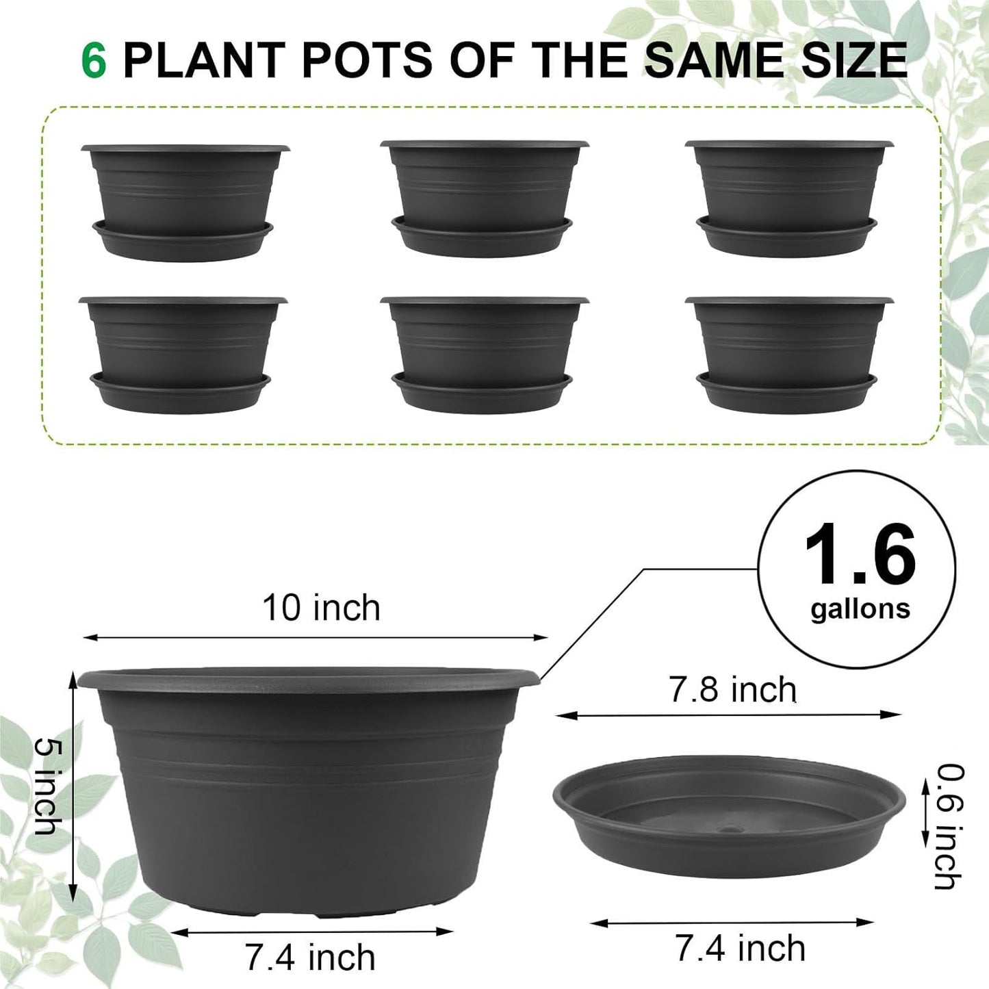 6 Pack 10 inch Plant Pot, Round Plastic Plant Pots, Outdoor Pots for Plants with Drainage Hole & Tray Saucer, Decoration Flower Pots for Indoor Plants Home Garden Outdoor Planters (Dark Gray)