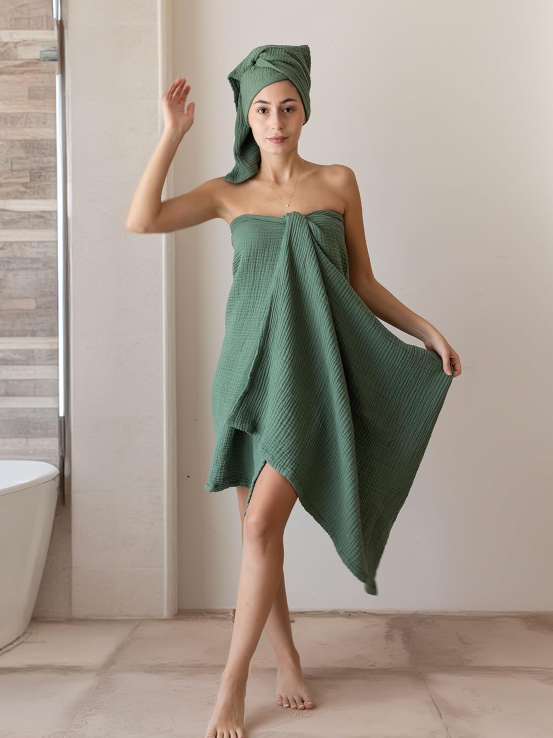 Muslin Bath Towels Pack of 2-32"x67" Inch Large Size, 100% Turkish Cotton, Thin, Soft, Quick-Dry, Lint-Free, Muslin Bathroom Towels (Green, Pack of 2 Bath Towels)