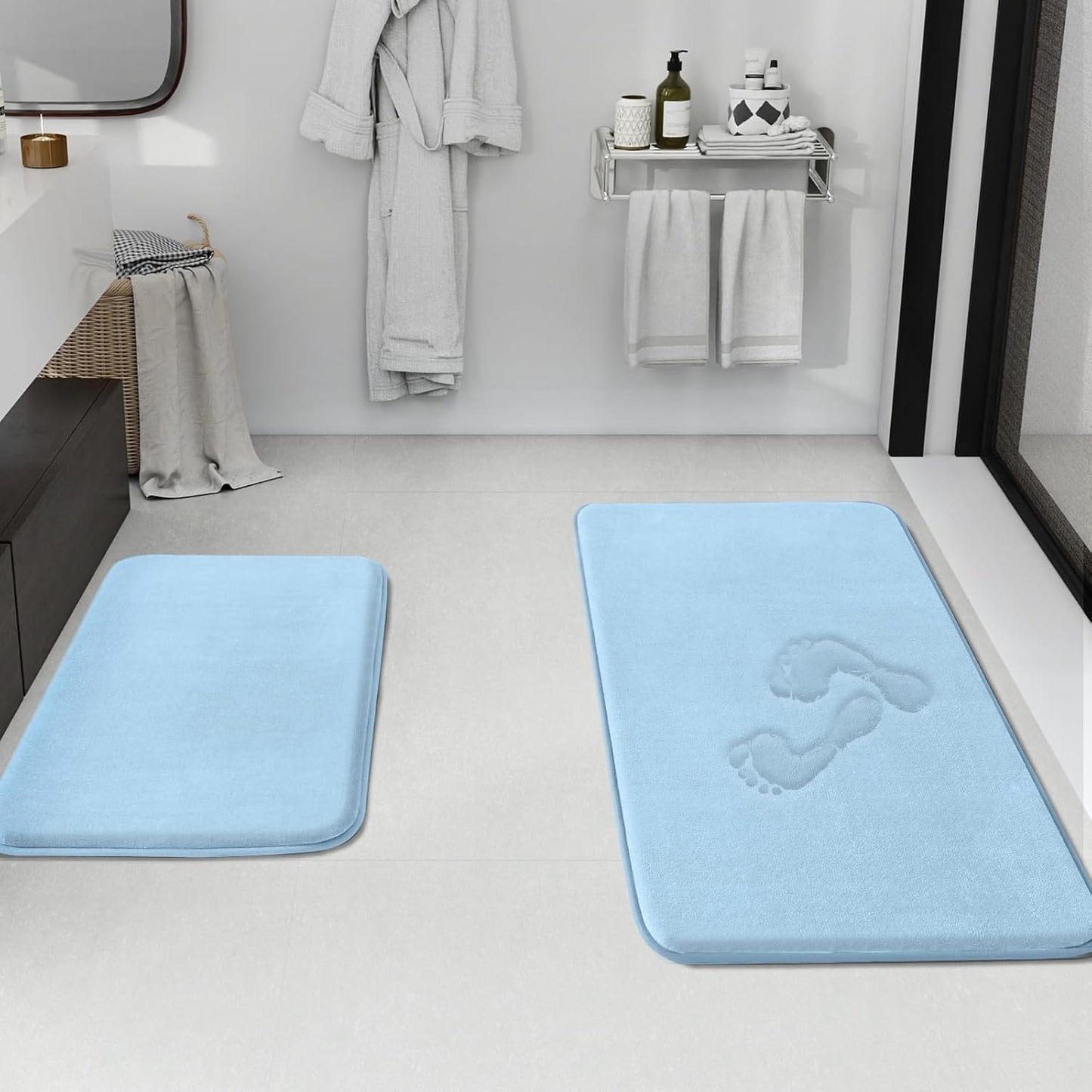 HUXMEYSON Bathroom Rugs Sets 2 Piece, Non-Slip & Quick Dry Bath Mat Set, Ultra Soft Velvet Bath Rugs for Bathroom, Toilet and Shower Floor, Light Blue