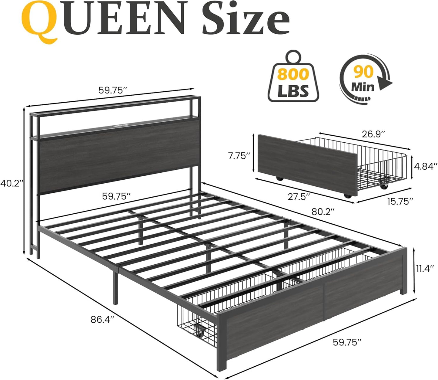 Lifezone Queen Bed Frame with 2-Tier Storage Headboard, Metal Bed Frame with Storage Drawers & Built-in Charging Station & LED, Noise-Free, No Box Spring Needed, Easy Assembly, Rustic Grey